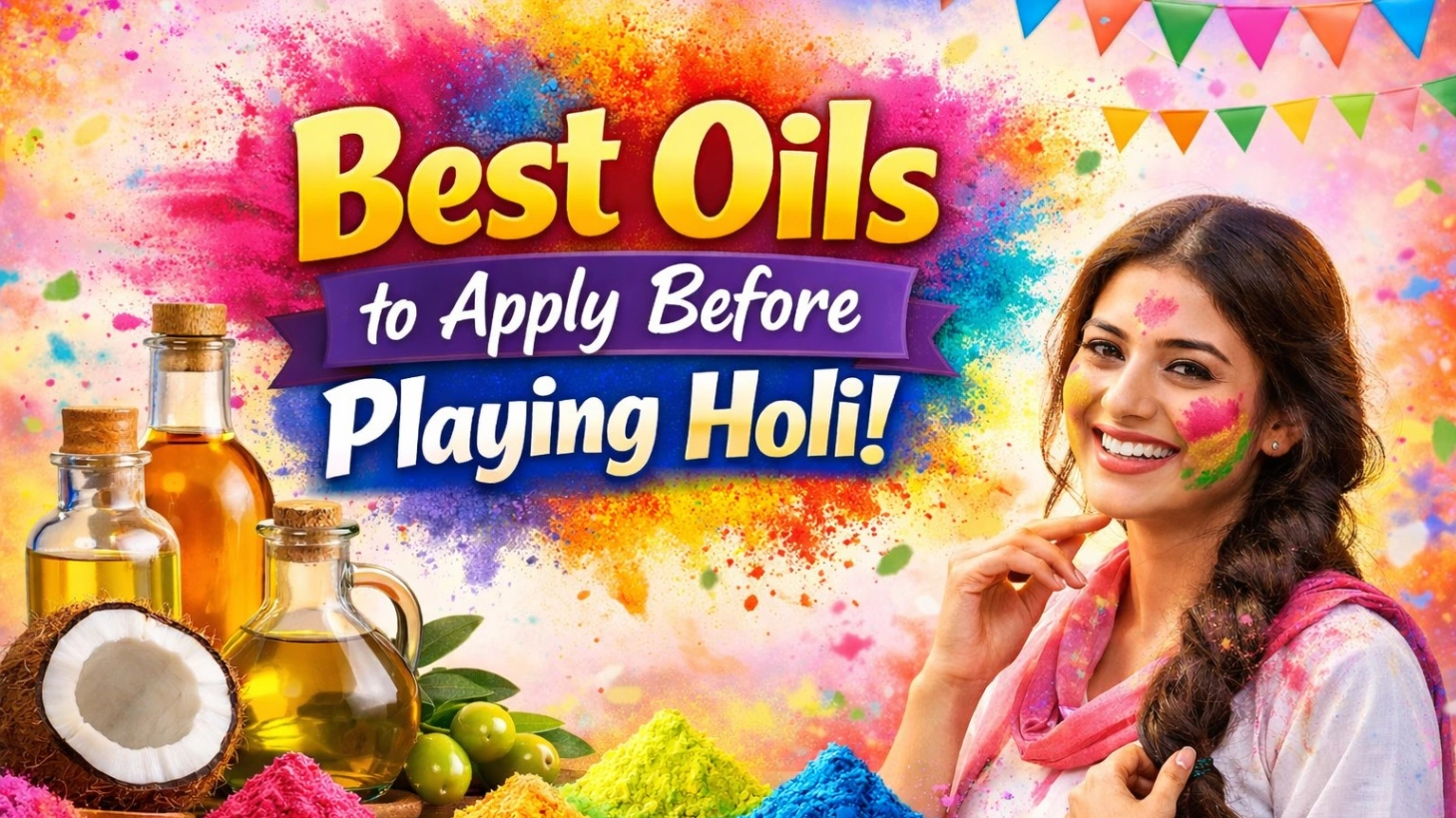 Festive 16:9 Holi thumbnail featuring the title “Best Oils to Apply Before Playing Holi” in bold text, with colorful Holi powder splashes in the background, glass bottles of coconut, mustard, and olive oil on one side, and a smiling woman with Holi colors on her face on the other side.