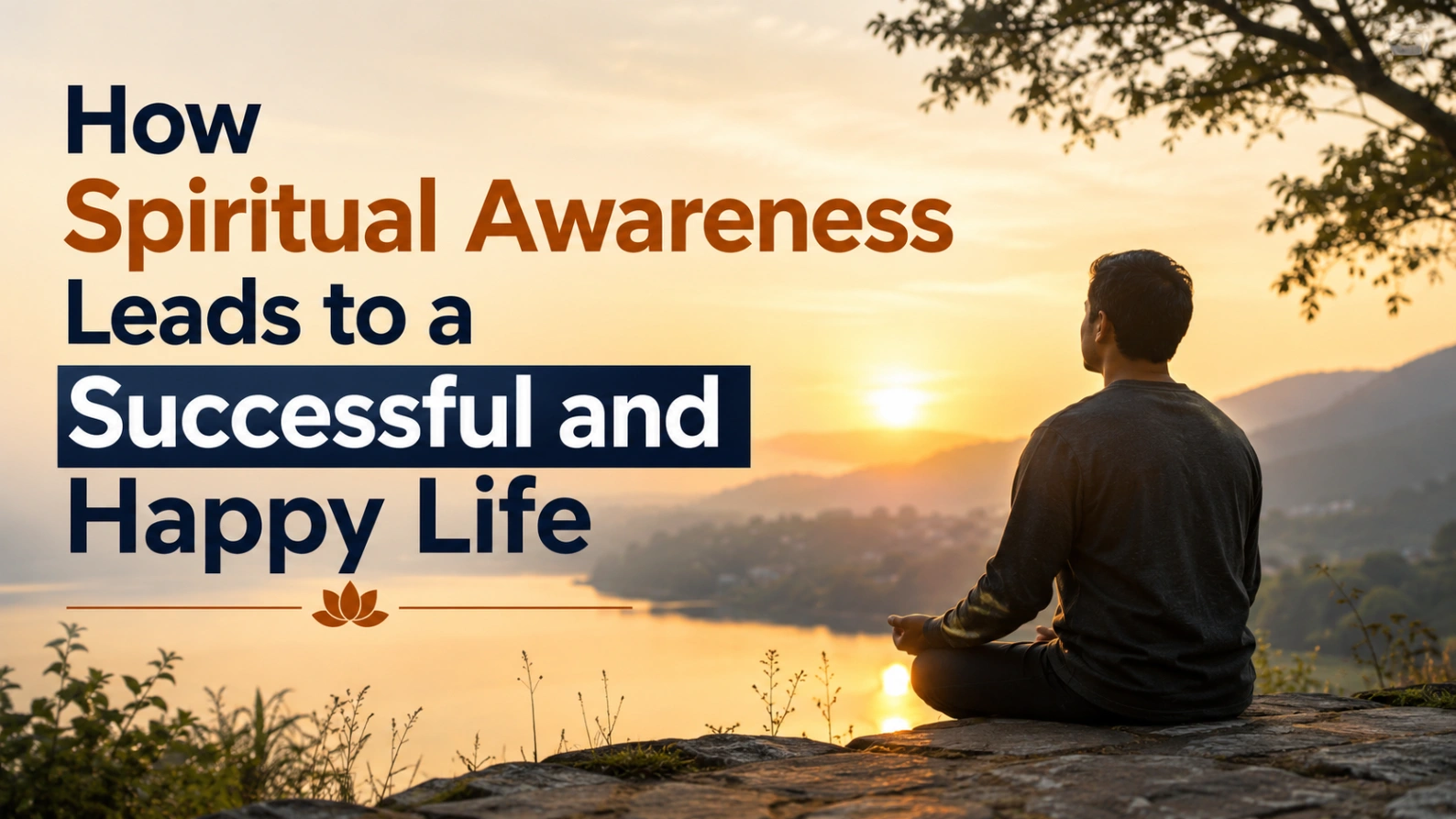 Man meditating beside a peaceful lake at sunrise, representing how spiritual awareness leads to a successful and happy life.