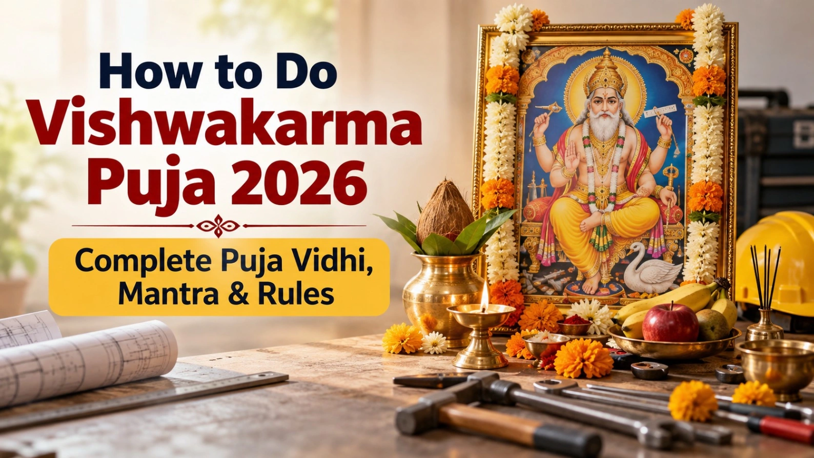 Vishwakarma Puja 2026 setup with Lord Vishwakarma image, flowers, diya, kalash, tools and machinery, featuring the title “How to Do Vishwakarma Puja 2026: Complete Puja Vidhi, Mantra & Rules.”