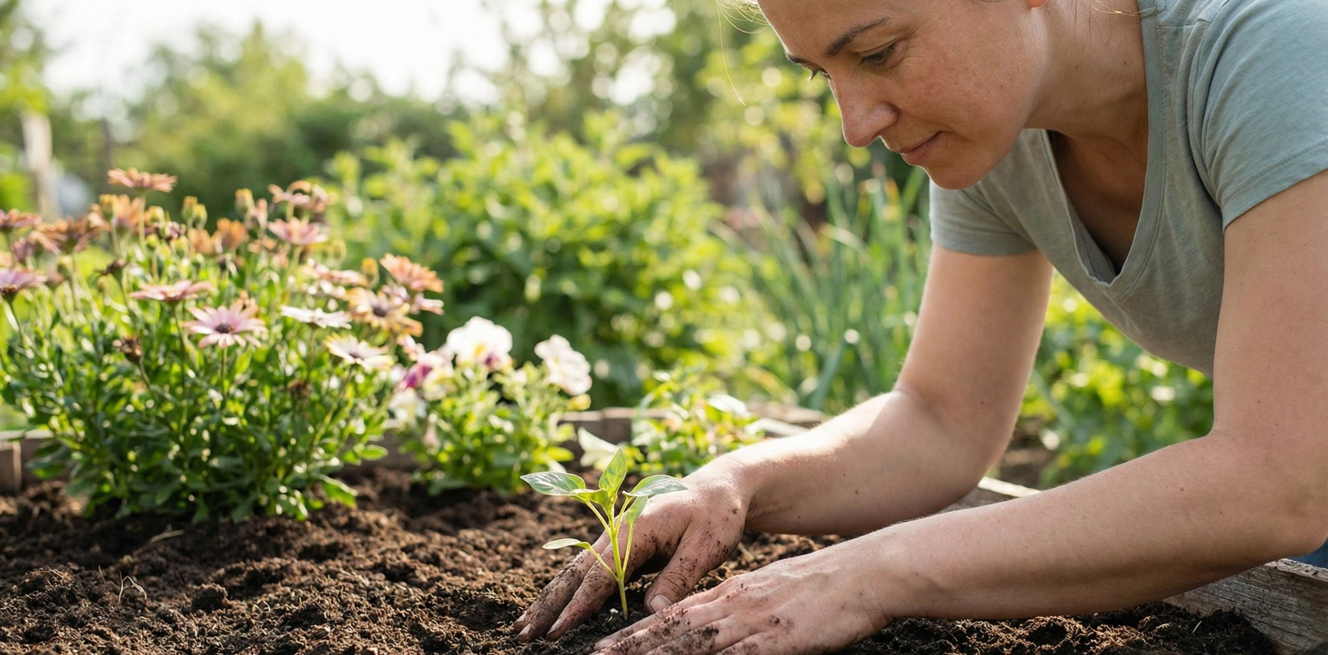 A person gently planting a seedling in rich soil, symbolizing the preparatory work of tending to the mind before meditation.