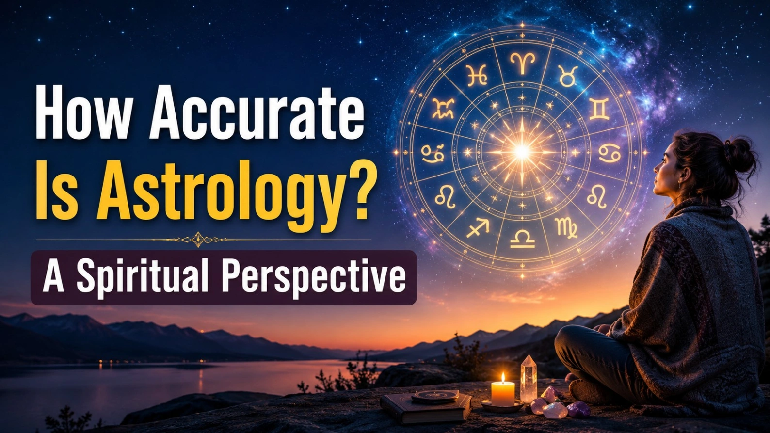 Realistic spiritual image showing a woman looking at a glowing zodiac wheel under a starry sky, with the bold title “How Accurate Is Astrology? A Spiritual Perspective.”