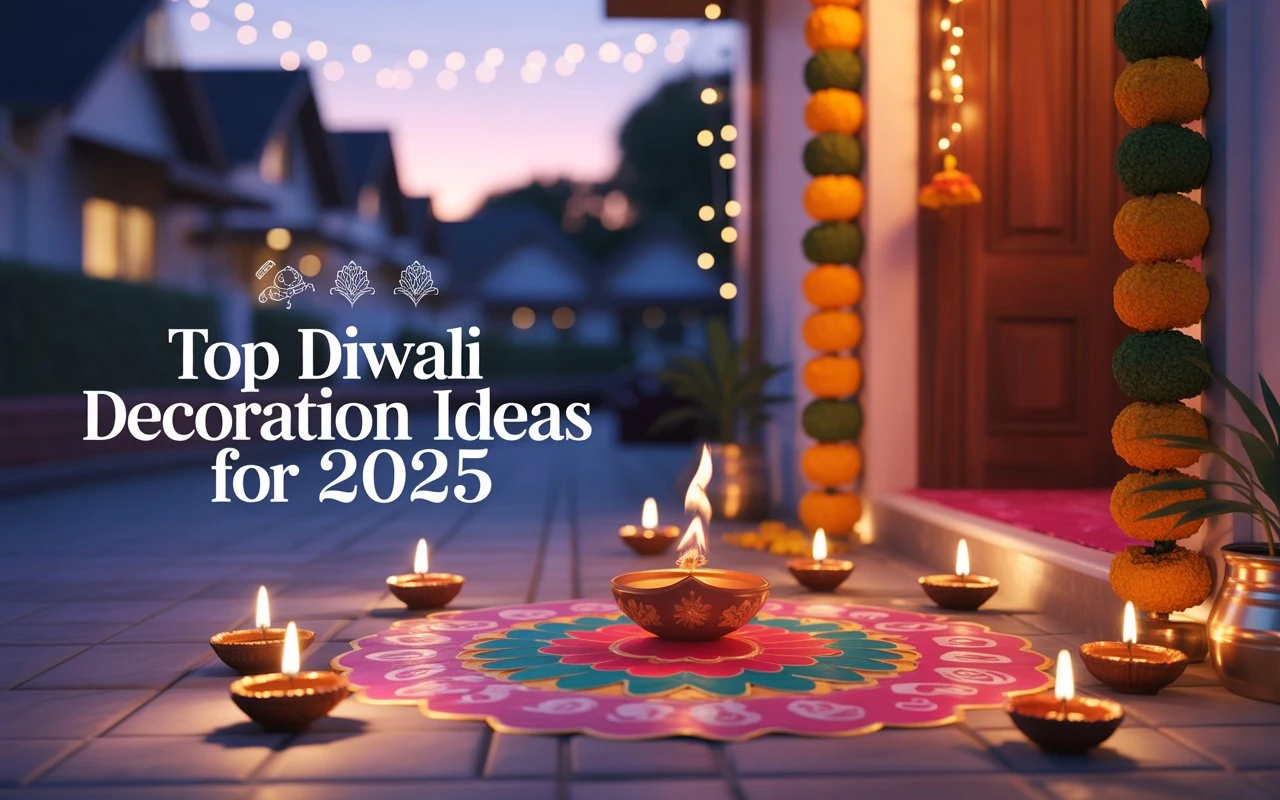 Top Diwali 2025 decoration ideas featuring traditional diyas, eco-friendly lanterns, colorful rangoli designs, floral torans, and modern LED lights for a vibrant festival of lights.