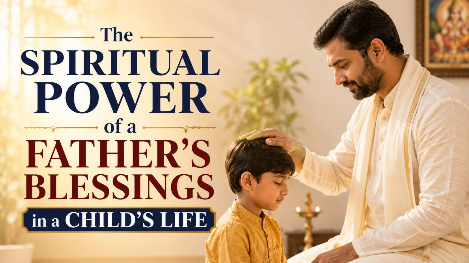 Father blessing his child with love and spiritual guidance in a warm traditional setting, representing the spiritual power of a father’s blessings in a child’s life.