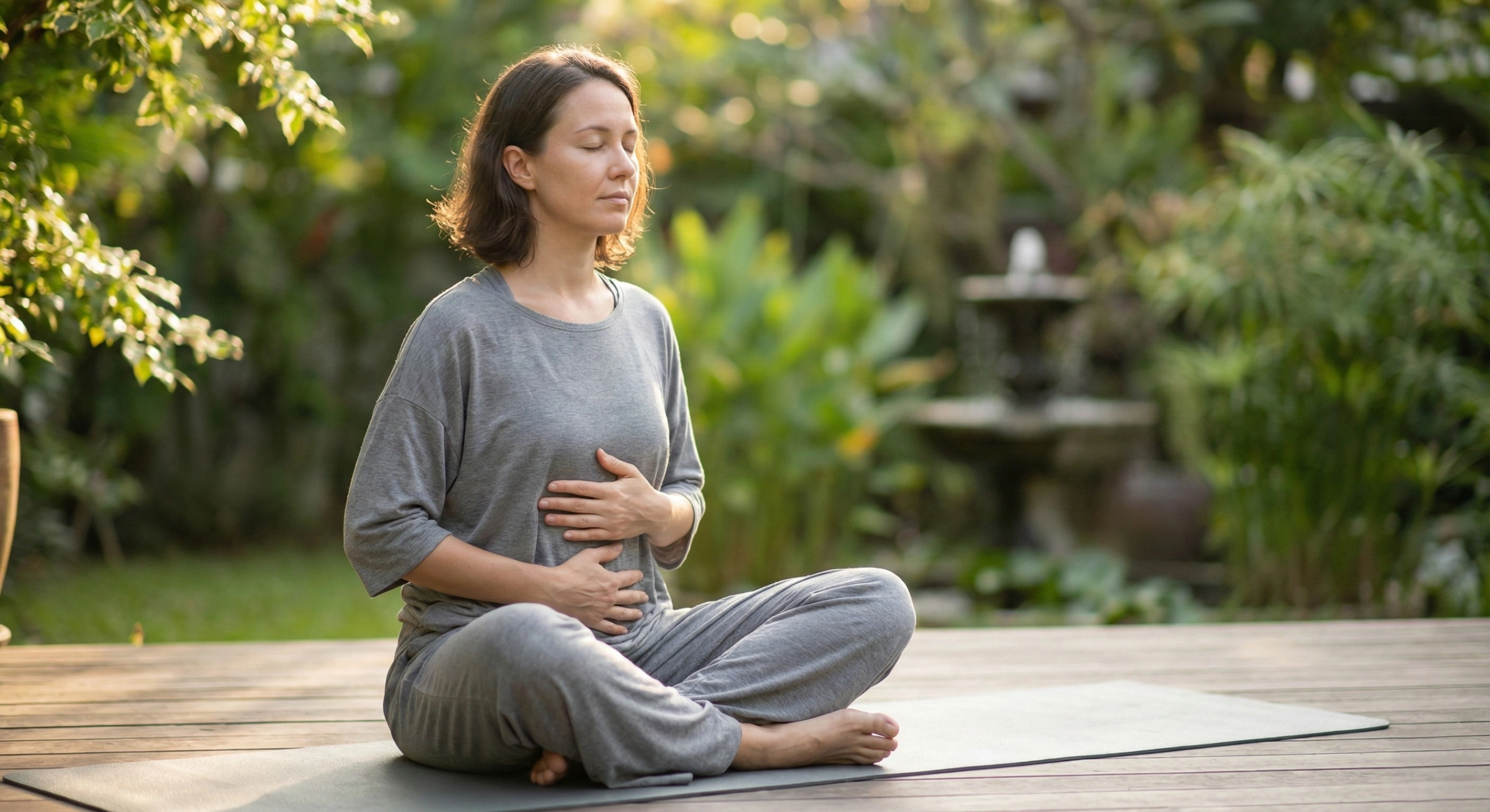 A woman with eyes closed, sitting in a meditative pose on a wooden deck in a lush garden, with her hands resting on her belly practicing deep diaphragmatic breathing.