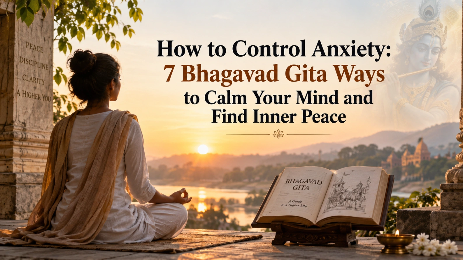 Meditating with Bhagavad Gita for anxiety relief and inner peace.