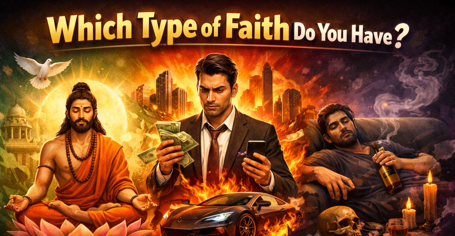 Illustration showing three types of faith—Sattvic, Rajasic, and Tamasic—with a calm meditating sage representing Sattvic faith, a driven man surrounded by money and luxury symbolizing Rajasic faith, and a dark, lethargic figure depicting Tamasic faith, highlighting different spiritual mindsets.