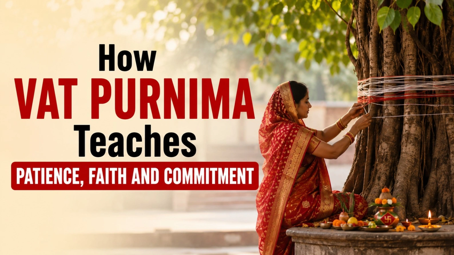 Married woman performing Vat Purnima puja under a banyan tree, symbolizing patience, faith and commitment through sacred rituals.