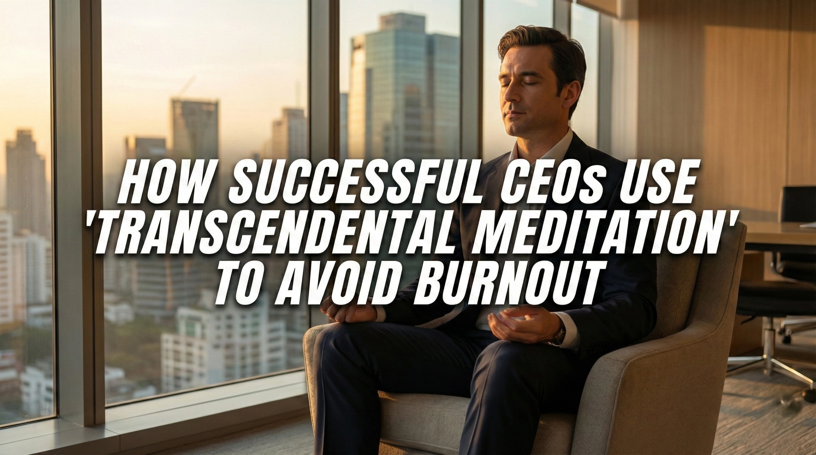 A realistic image of a successful CEO in a business suit meditating in a high-rise office chair with a city skyline sunset in the background. The text overlay reads: 