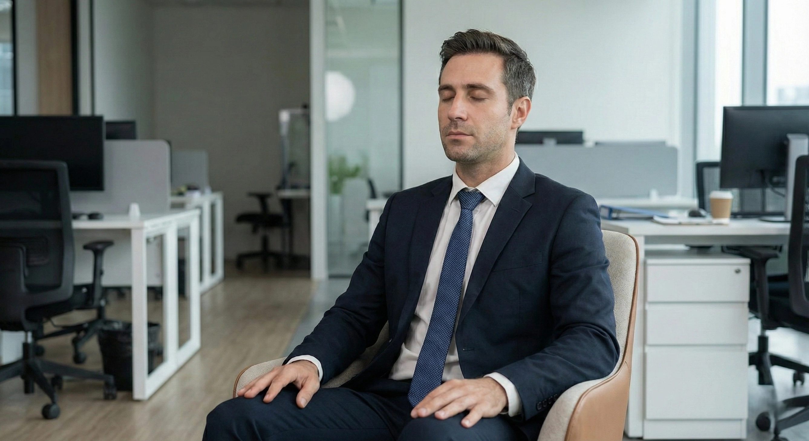 A calm professional meditating in a corporate office environment.