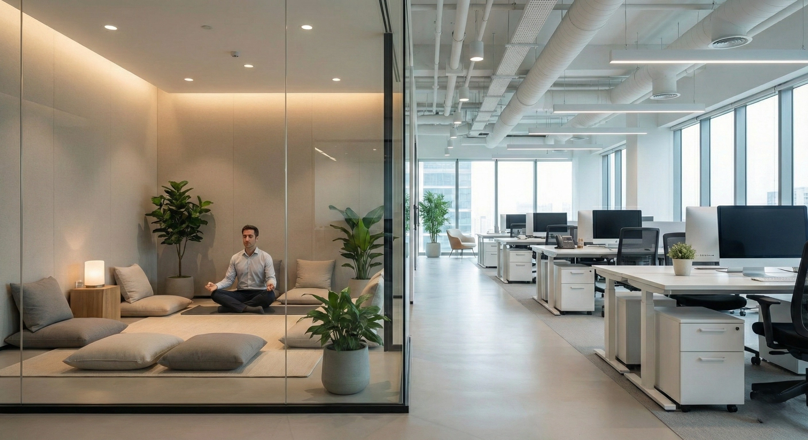 A modern tech office featuring a dedicated meditation room.