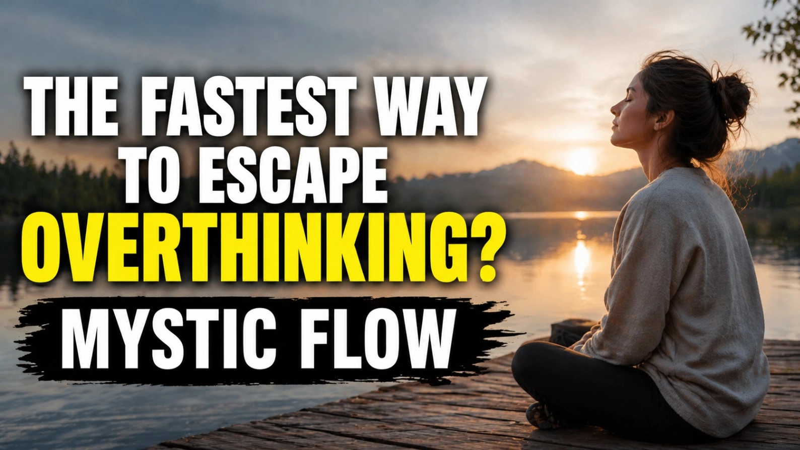A calm, realistic 16:9 scene of a woman meditating peacefully by a lakeside during sunset, symbolizing inner peace and mental clarity, with bold text reading “The Fastest Way to Escape Overthinking? Mystic Flow”