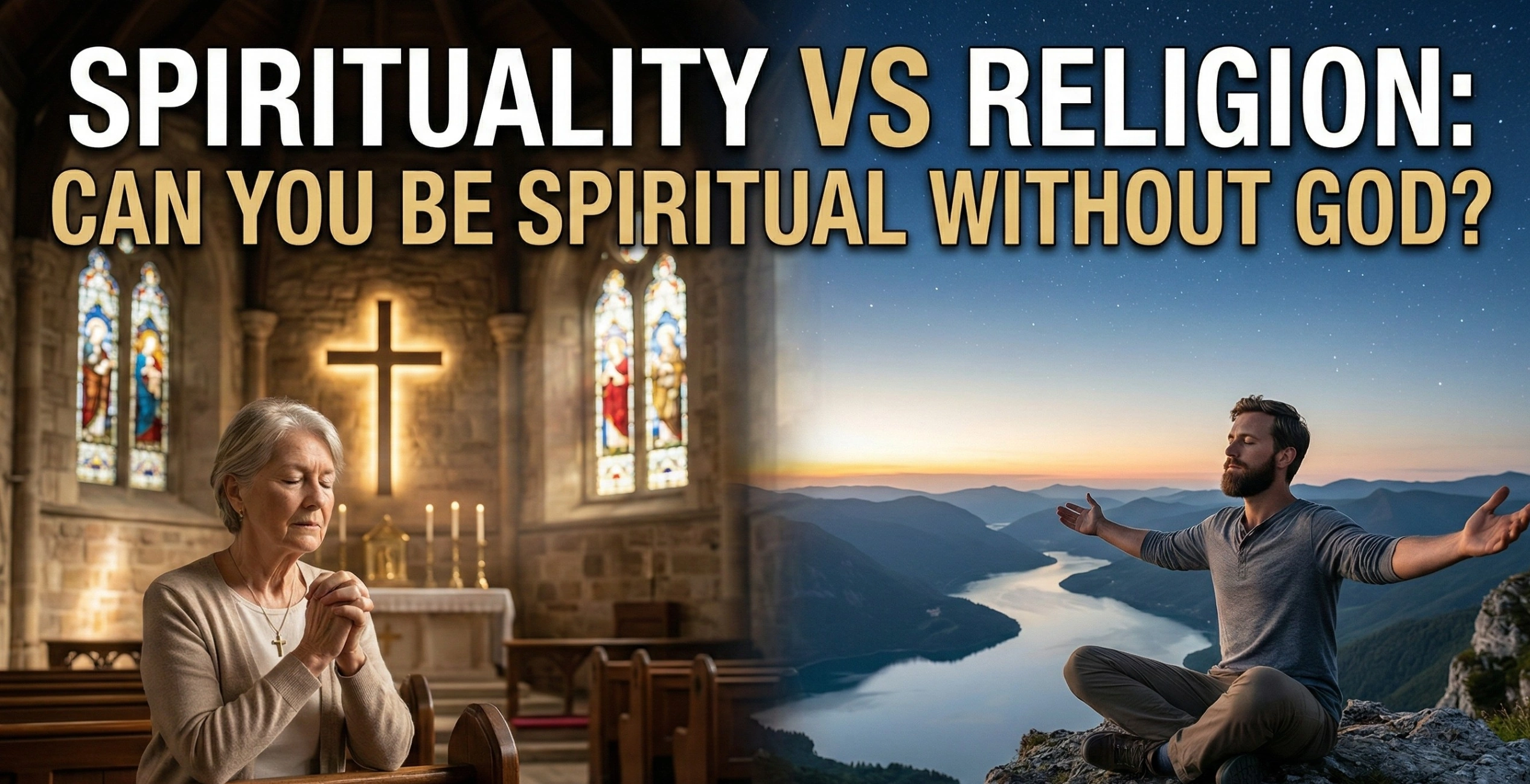 Realistic image illustrating the difference between religion and spirituality. Text reads