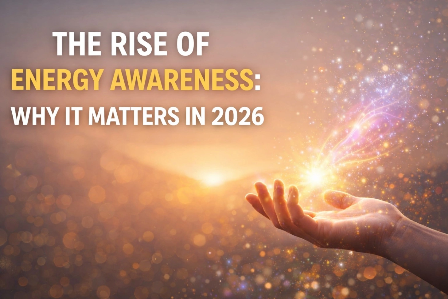 A glowing hand releasing colorful energy particles against a warm sunset background, symbolizing spiritual energy and transformation. Bold text reads “The Rise of Energy Awareness: Why It Matters in 2026.”
