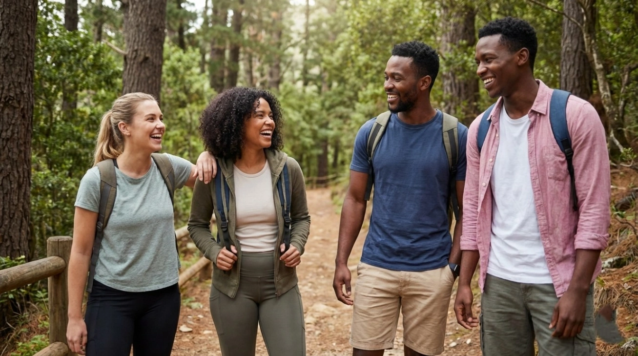 A group of four friends laughing and hiking together on a forest trail, representing social wellness.