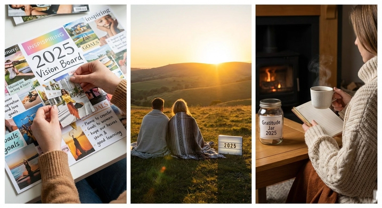 A realistic, serene 16:9 header image for a wellness blog. The scene features a person meditating on a wooden deck overlooking a mountain range at golden hour sunrise. In the foreground, there is a glass cup of herbal tea, an open journal with a pen, and a bowl of fresh berries. Bold, white, capital text in the center reads: 