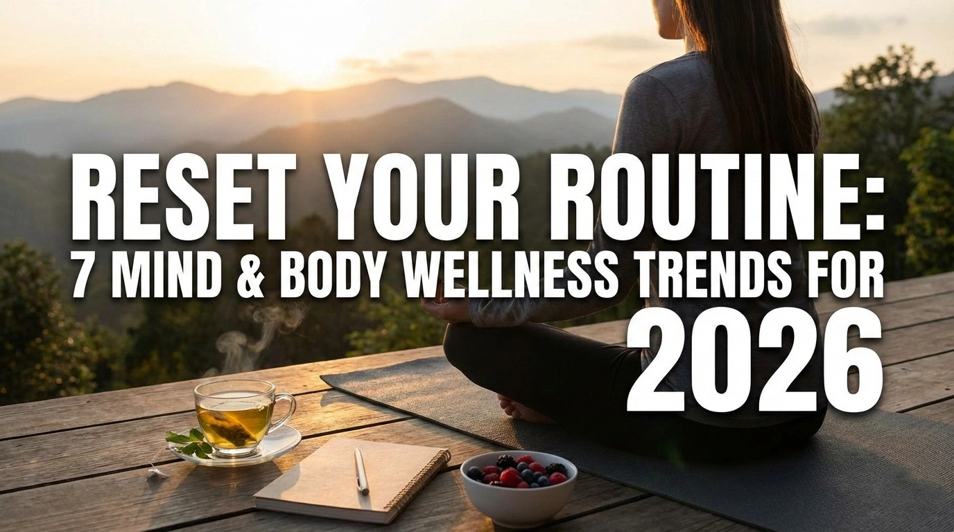A peaceful sunrise scene featuring a person meditating on a wooden deck overlooking mountains, with a cup of tea, notebook, and berries in the foreground. Bold white text overlay reads: 