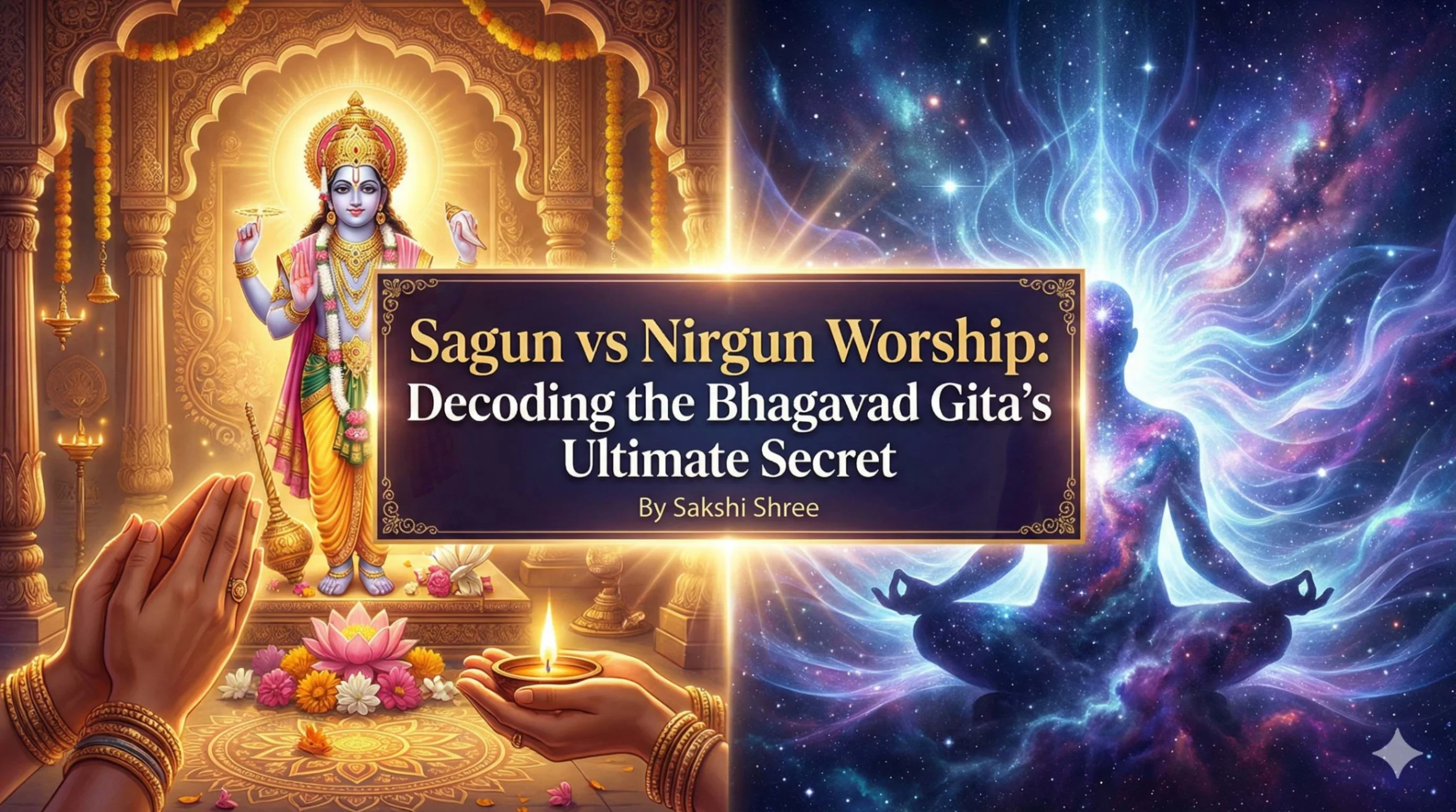Split-screen illustration comparing Sagun vs Nirgun worship. The left side shows a traditional temple with a glowing deity and prayer hands, representing form-based worship. The right side shows a silhouette of a person meditating amidst galaxies and stars, representing formless worship. Central text reads: 