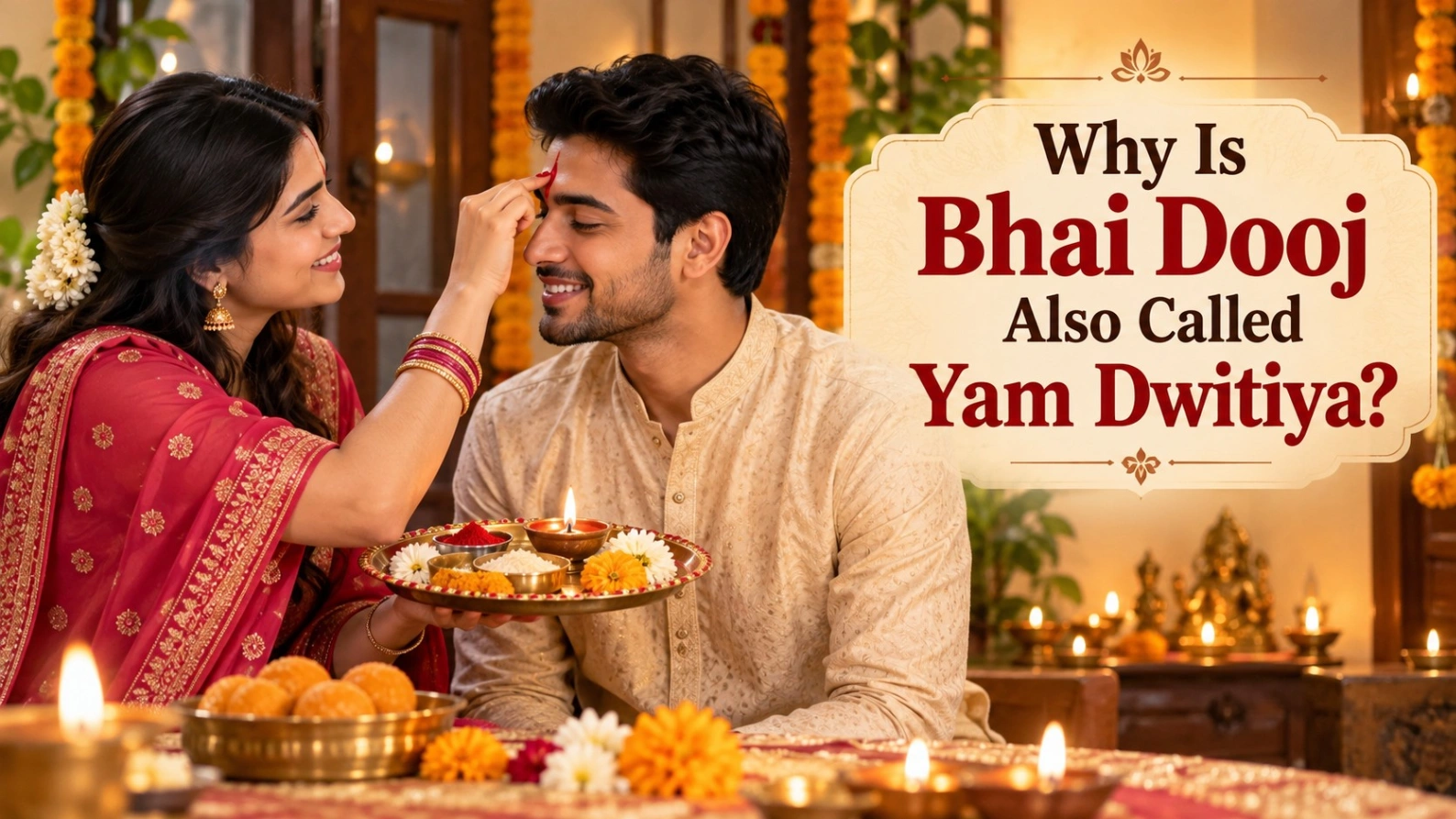 Bhai Dooj or Yam Dwitiya celebration with a sister applying tilak to her brother, holding a festive puja thali with diyas, flowers and sweets.