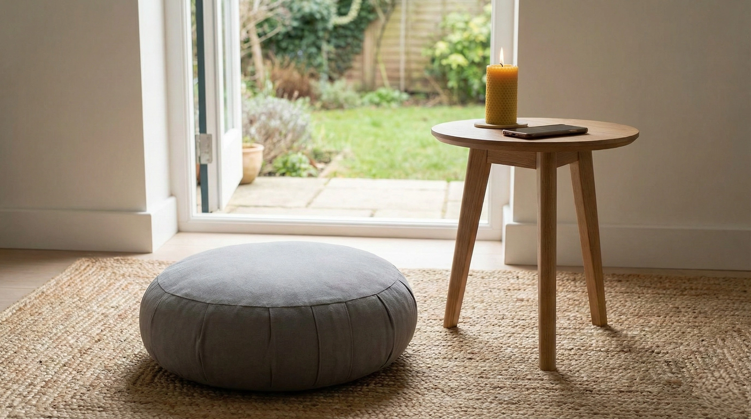 A calm and simple meditation corner with a grey round cushion on a jute rug next to a window looking out onto a garden. A small wooden table holds a lit candle and a smartphone face down, illustrating a digital detox for meditation.