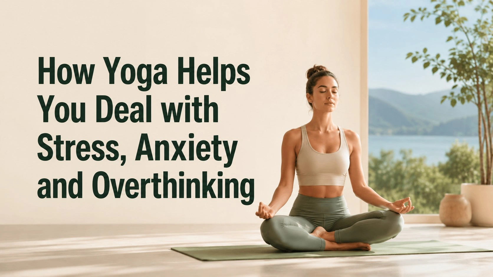 Woman practicing meditation in a peaceful yoga setting with the bold title How Yoga Helps You Deal with Stress, Anxiety and Overthinking