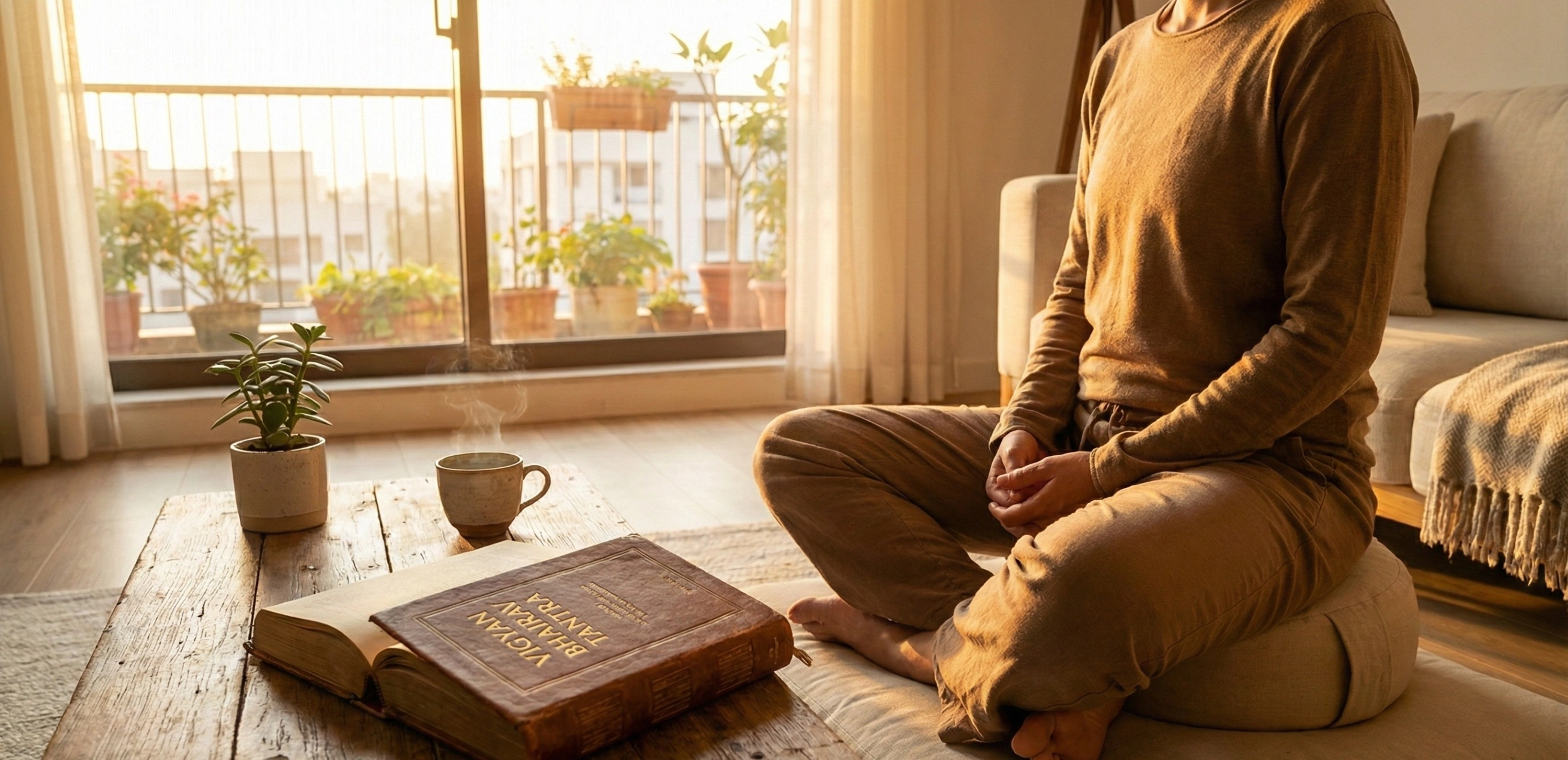 Person meditating in a sunlit modern living room next to an antique book titled Vigyan Bhairav Tantra on a wooden table, symbolizing ancient wisdom for inner peace.