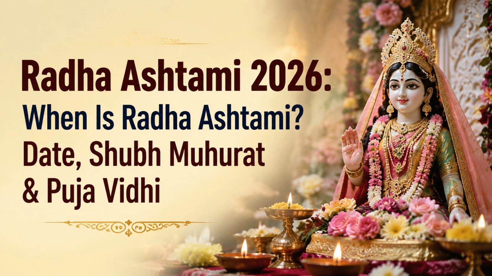 Radha Ashtami 2026 date, shubh muhurat and puja vidhi blog thumbnail featuring a beautifully decorated Radha Rani idol with flowers, diyas, and festive devotional elements.