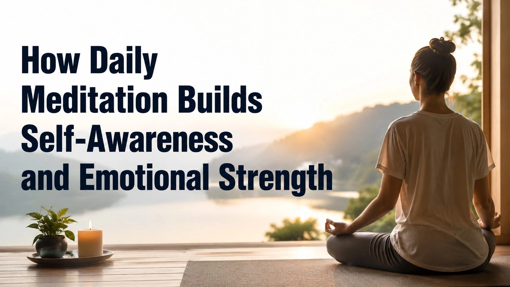 A woman meditating peacefully in a serene natural setting at sunrise, symbolizing mindfulness and inner peace, with the bold title 