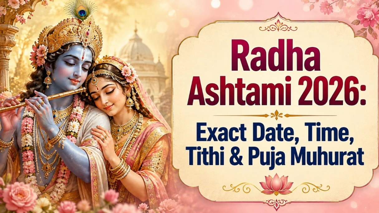 Radha and Krishna devotional image for Radha Ashtami 2026 with the title “Exact Date, Time, Tithi & Puja Muhurat” in bold.