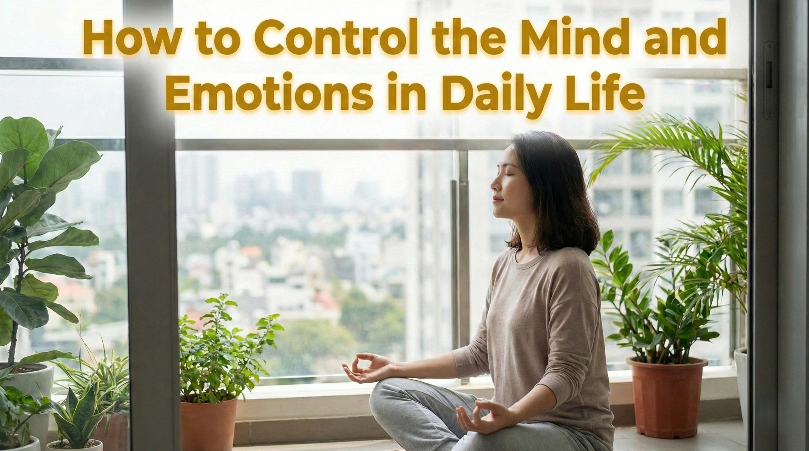 A realistic image of a woman meditating peacefully near a large window surrounded by green indoor plants, with a blurred cityscape in the background. Bold golden text overlay reads: 
