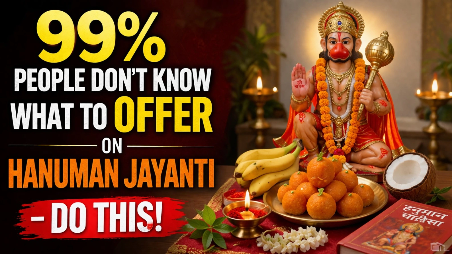 A devotional Hanuman Jayanti setup featuring a Hanuman idol with offerings like ladoos, bananas, coconut, sindoor, and diya, alongside bold text saying “99% People Don’t Know What to Offer on Hanuman Jayanti – Do This!”