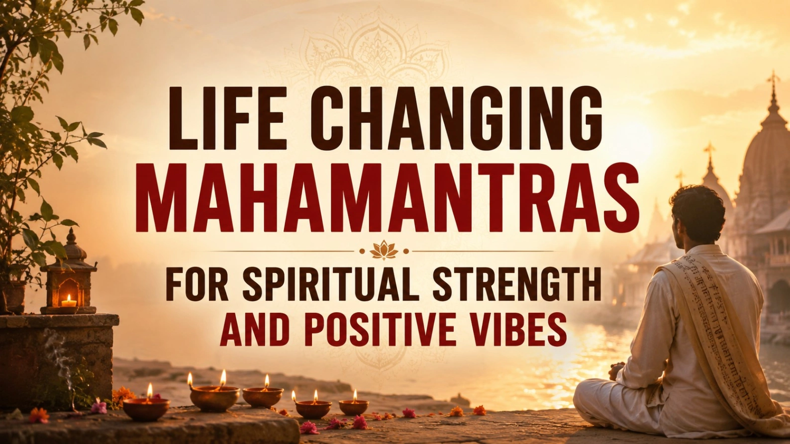 Realistic spiritual blog image showing a person meditating near glowing diyas by a temple riverside at sunrise, with bold title text “Life Changing Mahamantras for Spiritual Strength and Positive Vibes.”