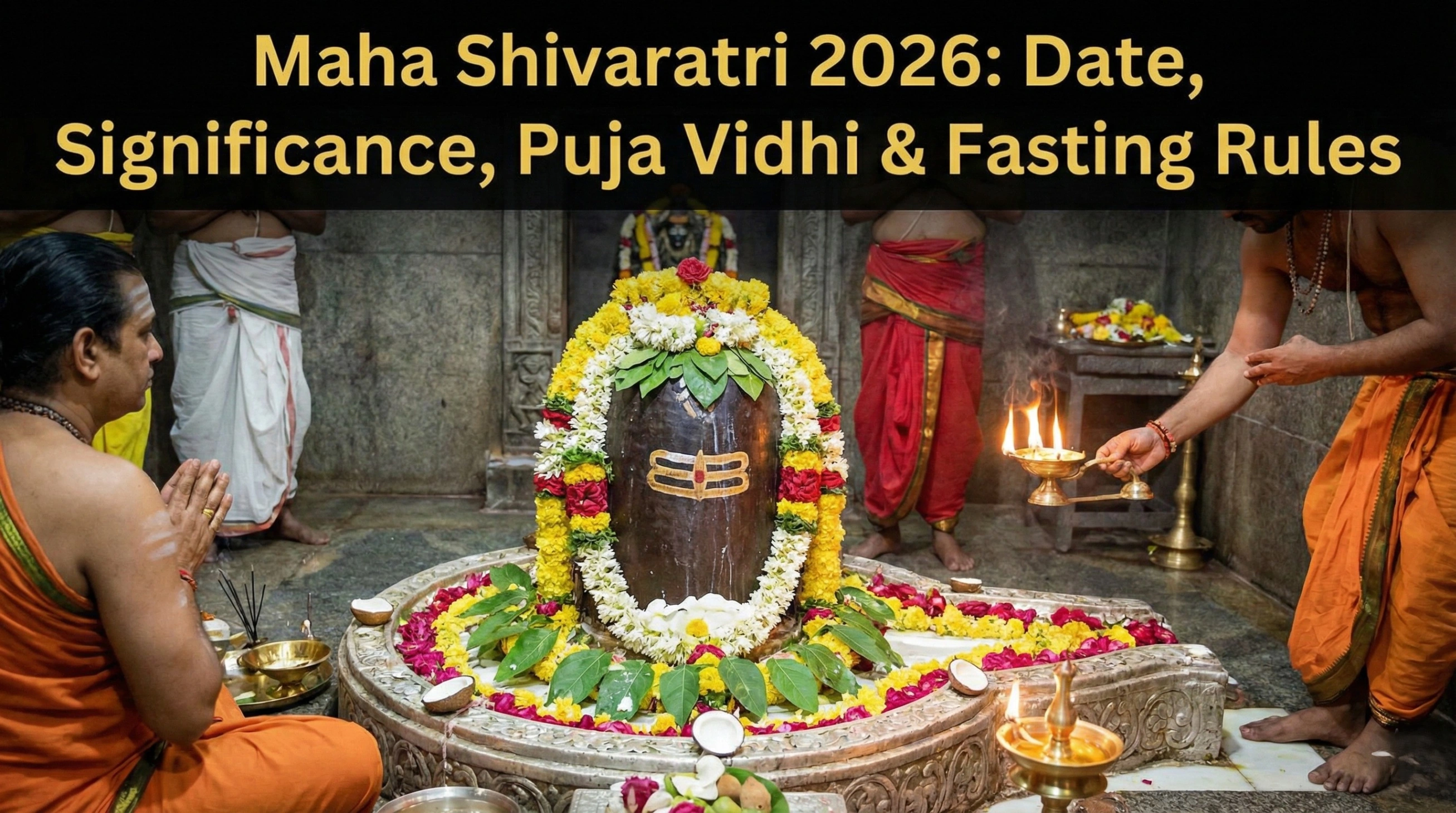 A blog thumbnail image featuring a highly decorated Shiva Lingam inside a traditional stone temple. Devotees in traditional attire are performing a puja, with one man offering a lit aarti lamp and another praying with folded hands. A yellow text banner across the top reads: