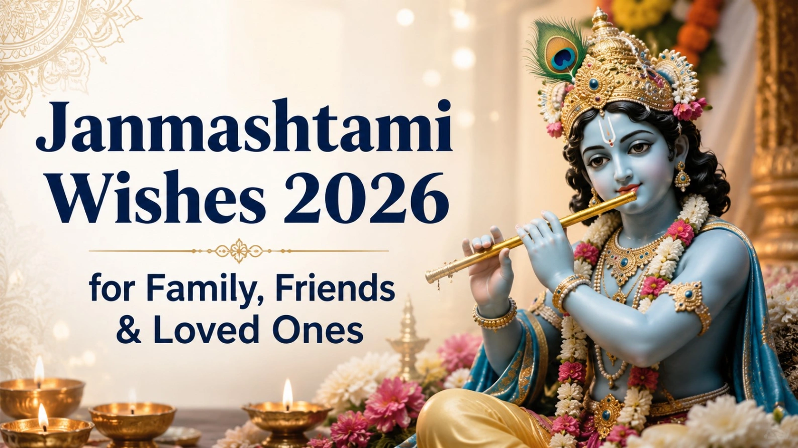 Lord Krishna playing the flute with glowing diyas and flowers beside the bold title “Janmashtami Wishes 2026 for Family, Friends & Loved Ones.”