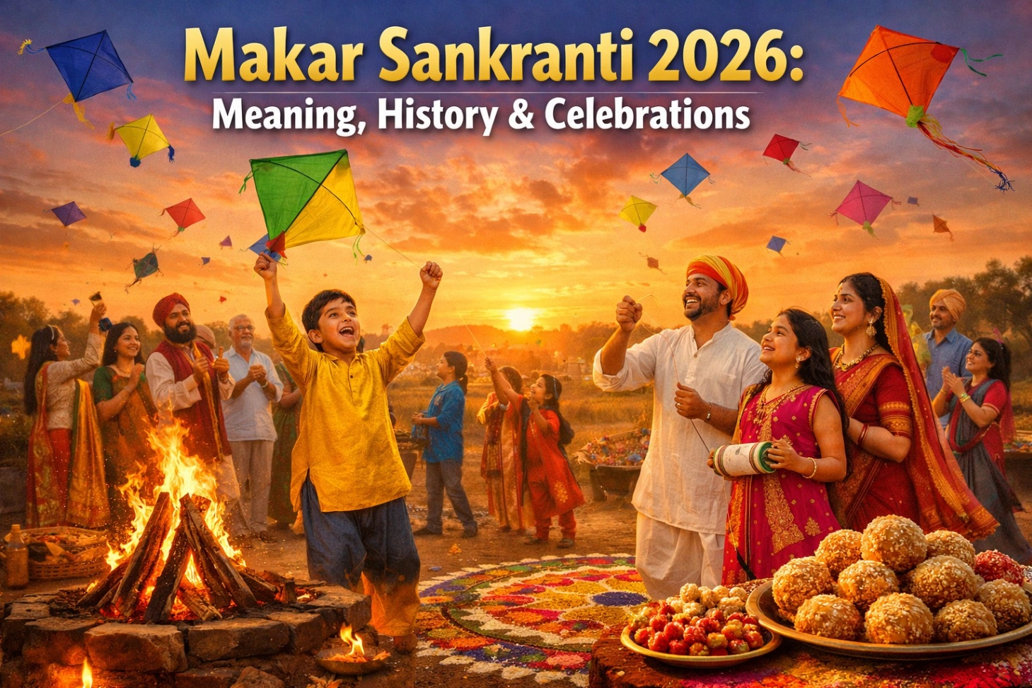 “Vibrant Makar Sankranti 2026 celebrations at sunset in India with families and children in traditional attire flying colorful kites, bonfire, rangoli, and sweets like til ladoos, capturing joy and festive spirit.”