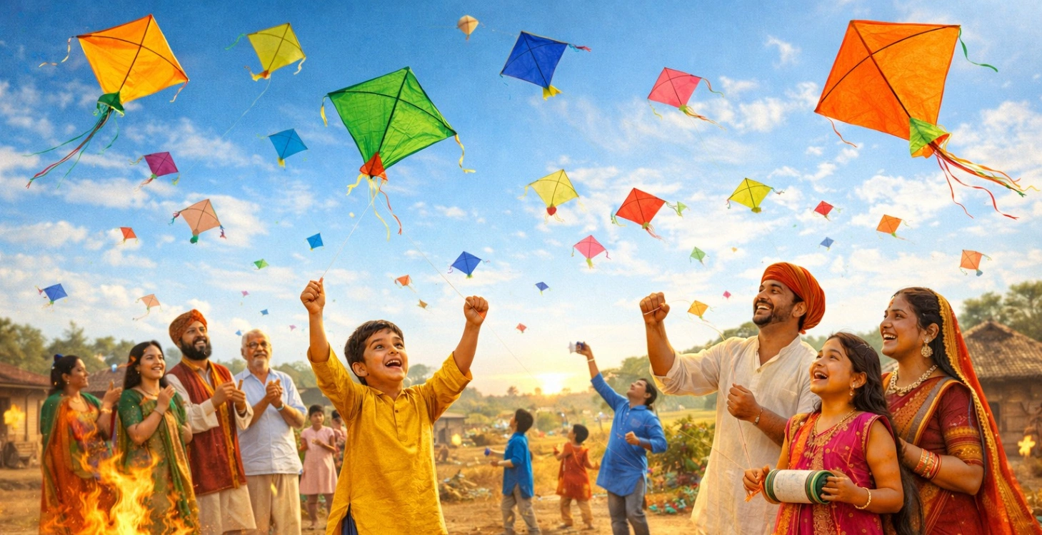 “Children and adults in traditional Indian attire joyfully flying colorful kites in a bright sunny village during Makar Sankranti 2026, celebrating with smiles and festive spirit.”