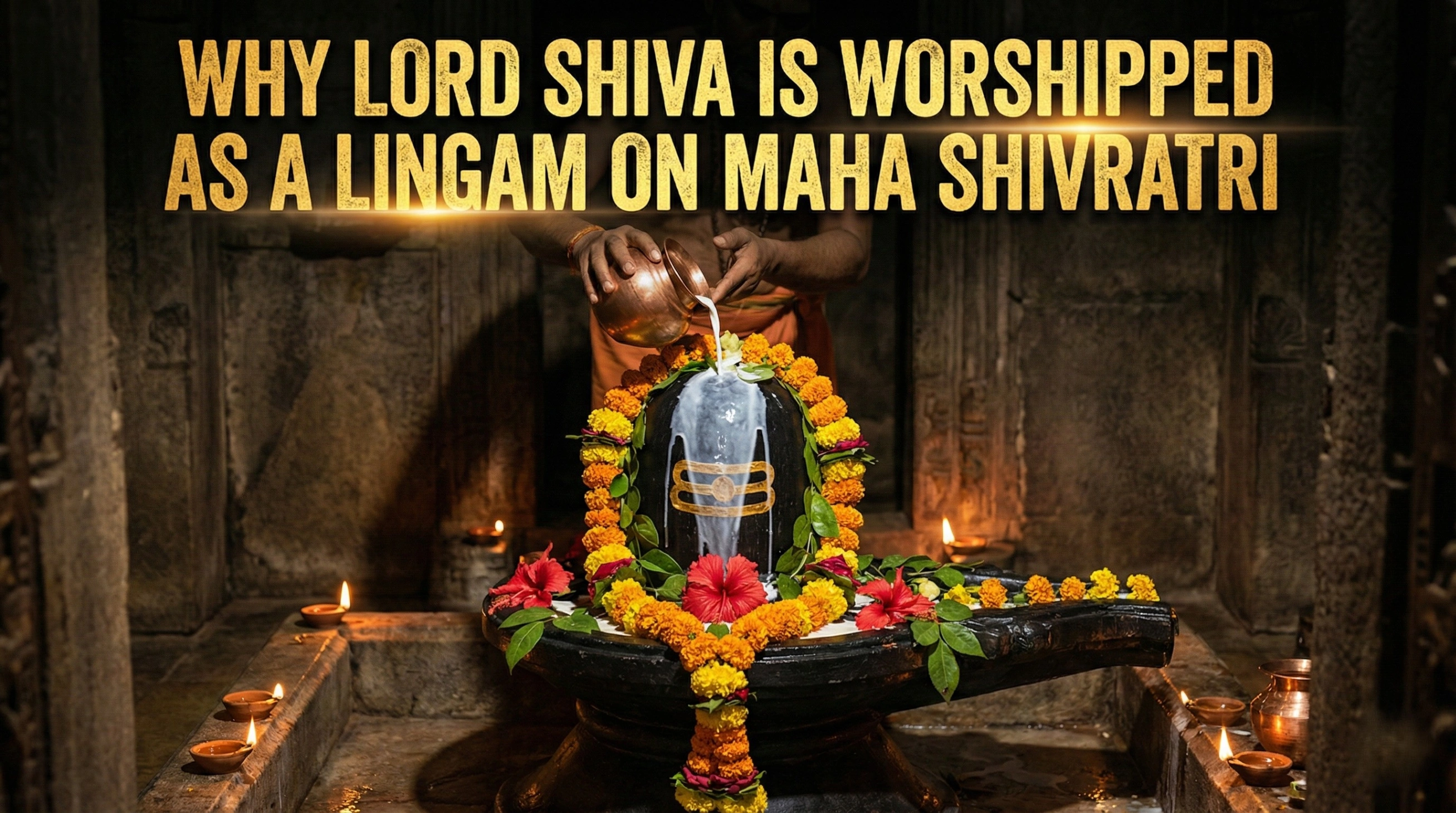 Atmospheric blog thumbnail depicting a milk Abhishekam ritual on a floral-adorned Shiva Lingam inside a dimly lit temple. Bold text overlay reads: