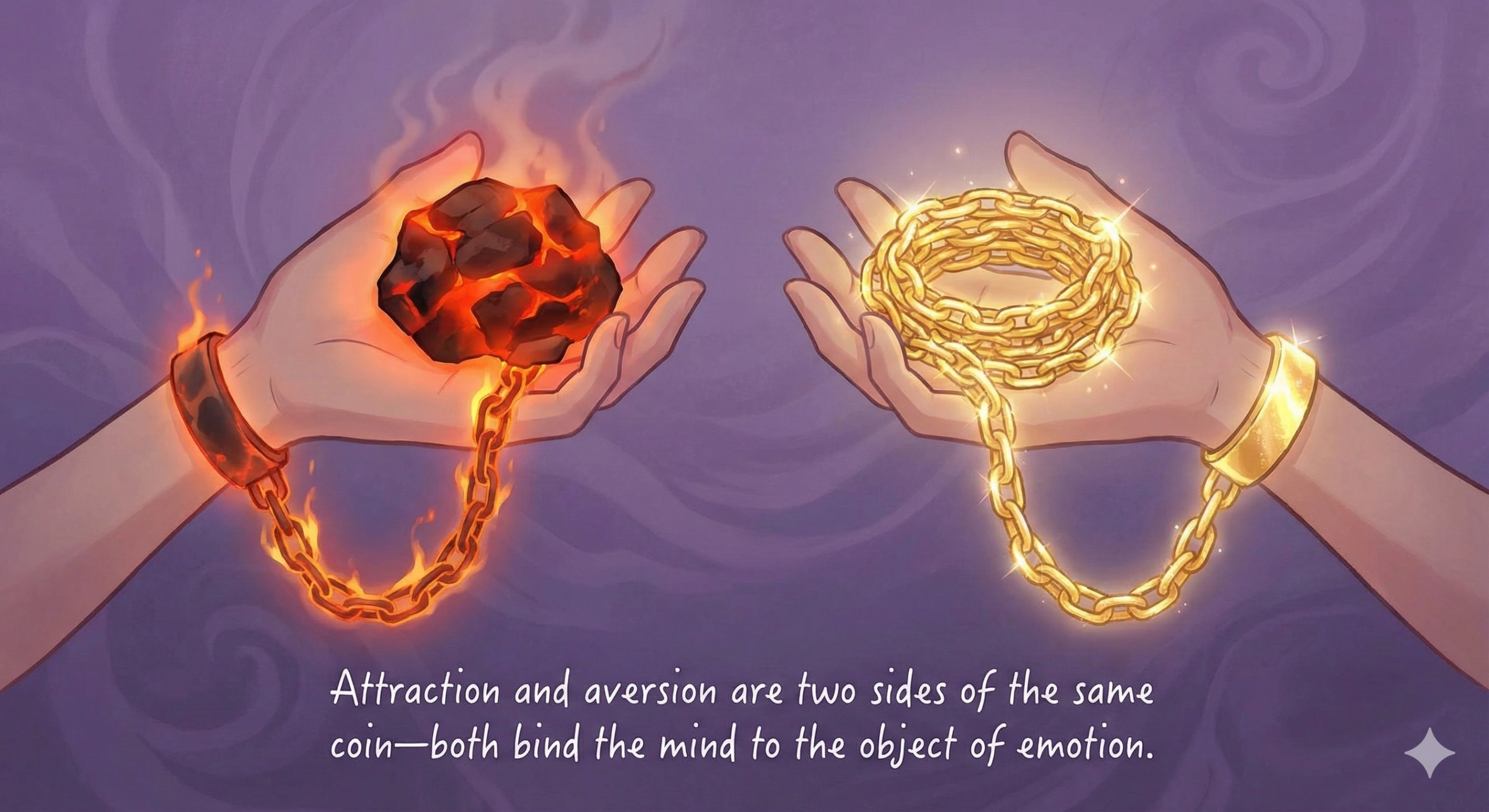 Attraction and aversion are two sides of the same coin—both bind the mind to the object of emotion.