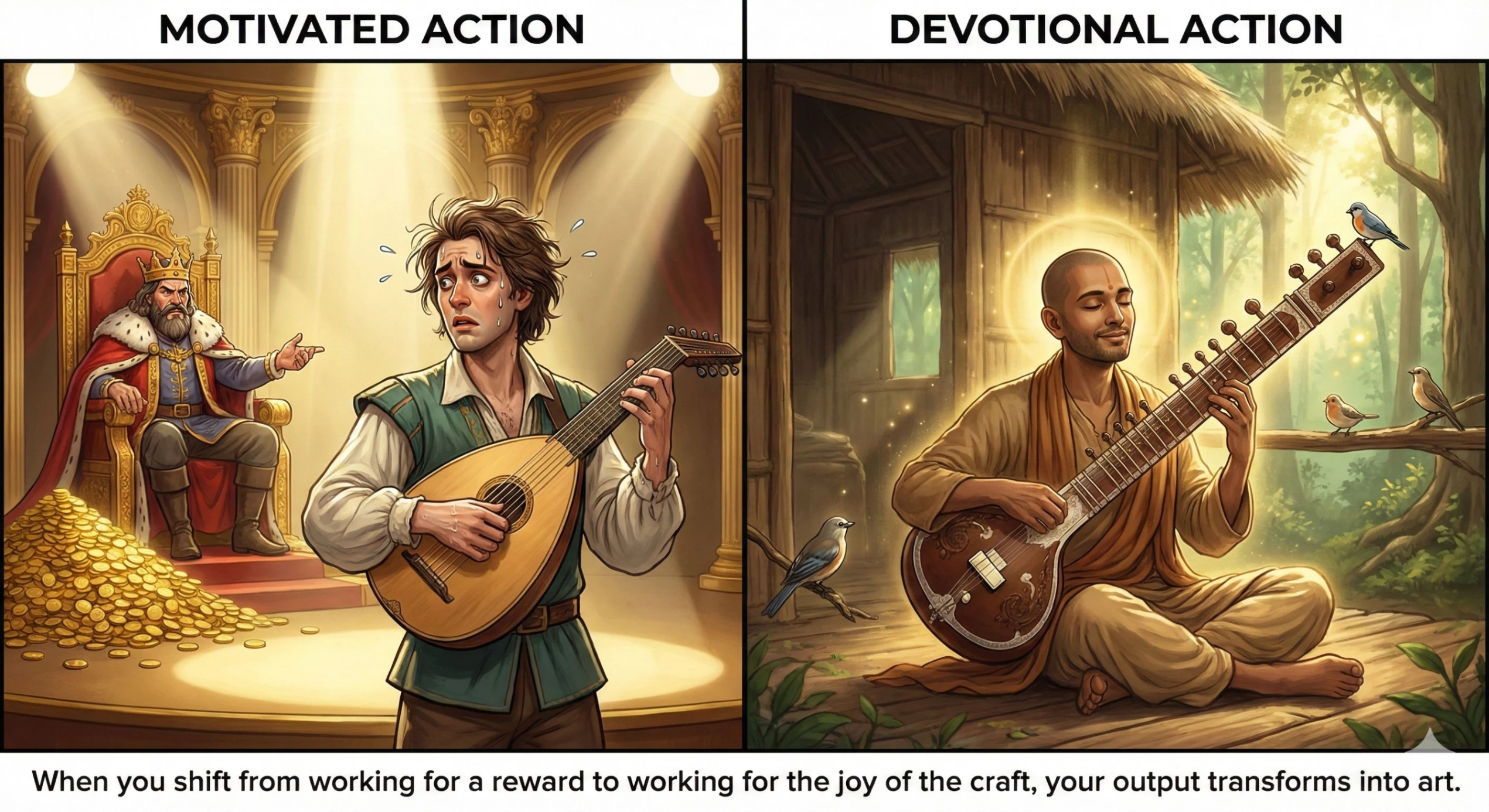 A split image contrasting transactional work for a reward versus devotional work, which is the essence of Nishkam Karma.