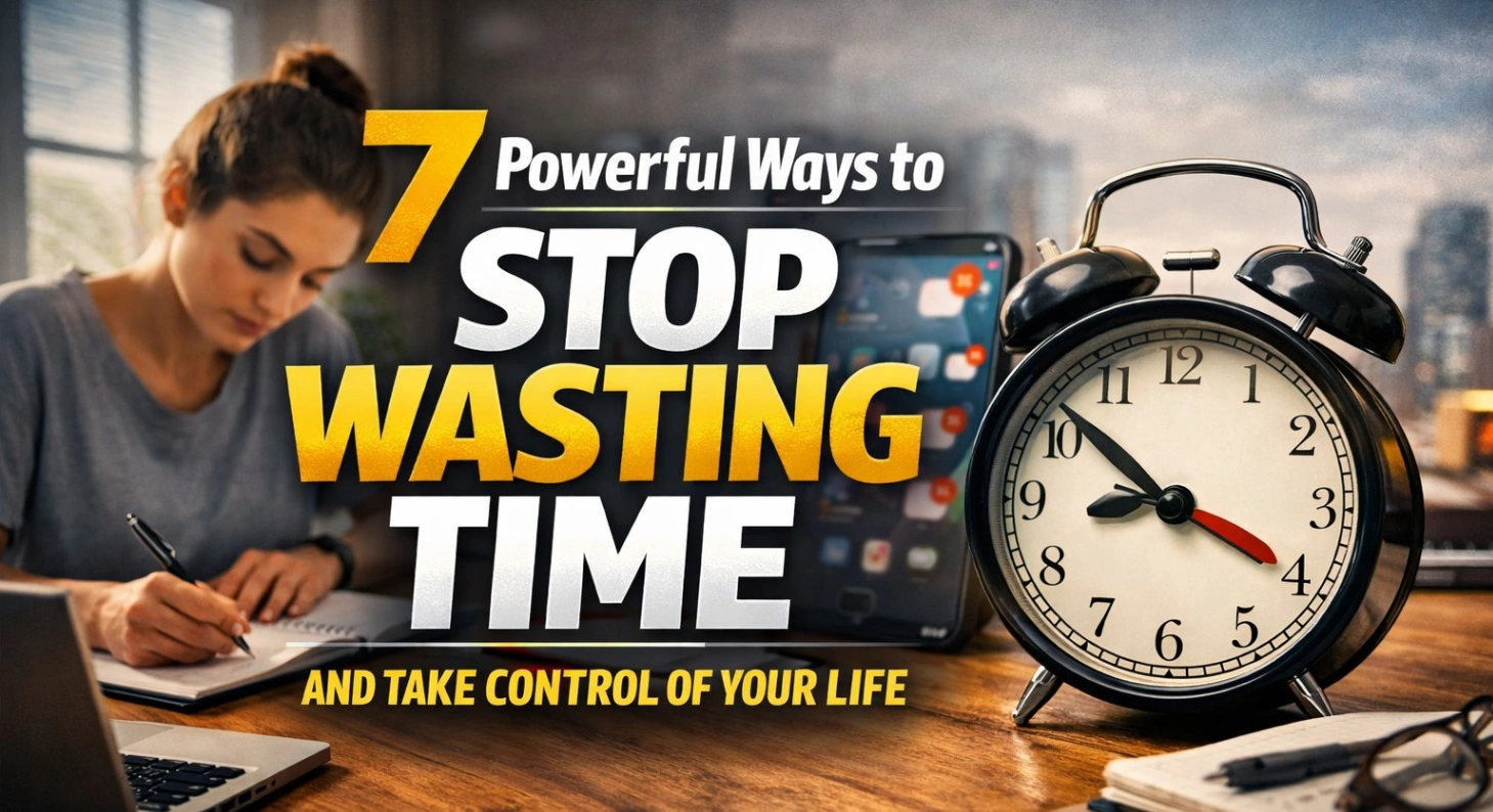 Bold 16:9 thumbnail showing a focused woman working at a desk with a laptop and notebook, a large alarm clock in the foreground, and a blurred phone with notifications, with the title “7 Powerful Ways to Stop Wasting Time and Take Control of Your Life” in big yellow and white text.