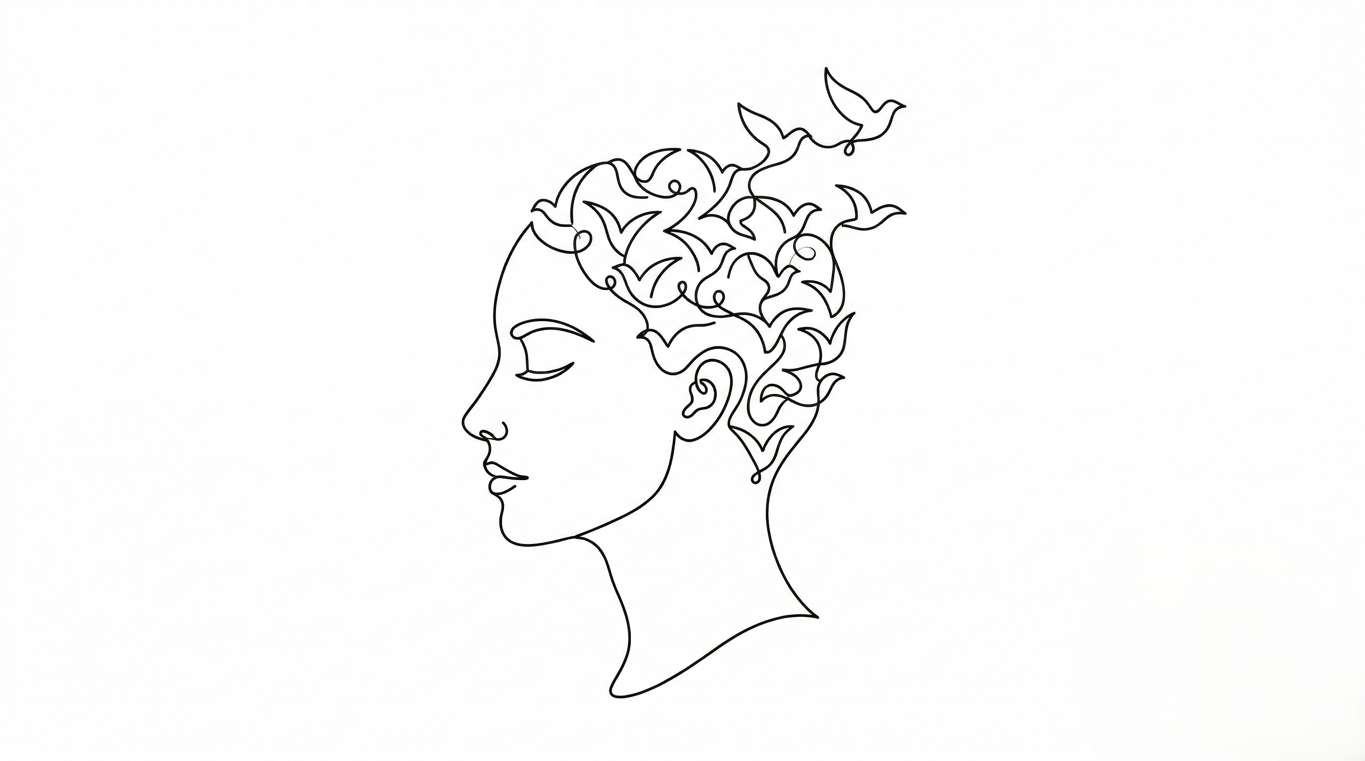 A minimalist continuous black line illustration of a woman