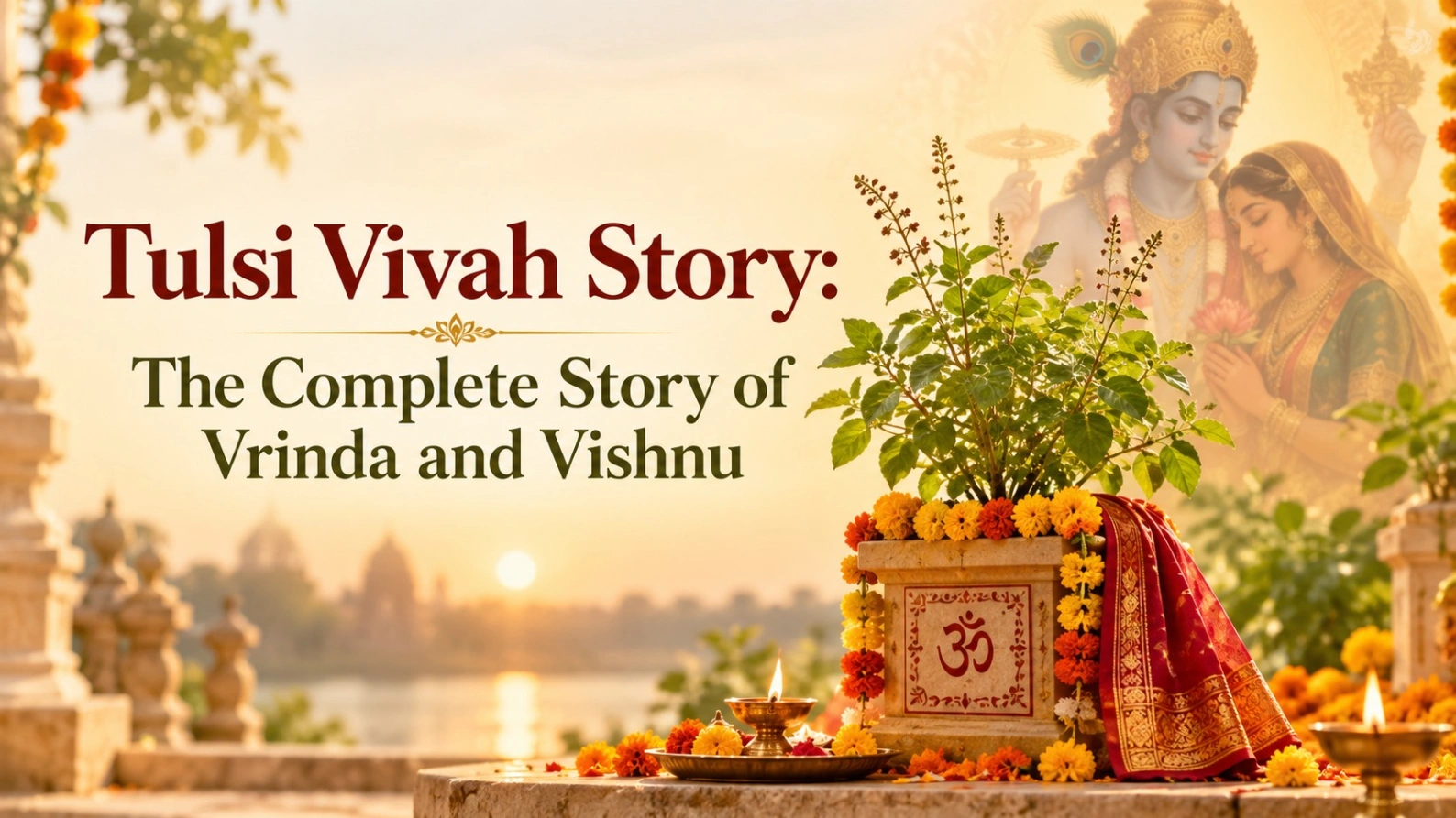 Tulsi Vivah Story featuring a decorated sacred Tulsi plant, Lord Vishnu and Vrinda in a warm devotional setting, symbolizing the divine marriage of Tulsi and Vishnu.