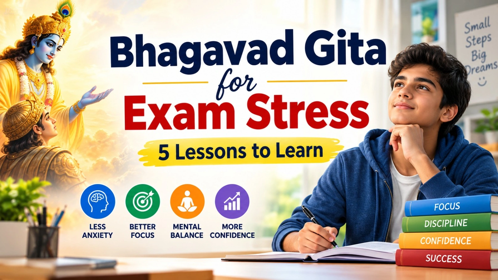 Bhagavad Gita for Exam Stress: Lord Krishna guiding Arjuna alongside a student studying, illustrating five lessons for reducing exam anxiety, improving focus, developing mental balance, and building confidence.