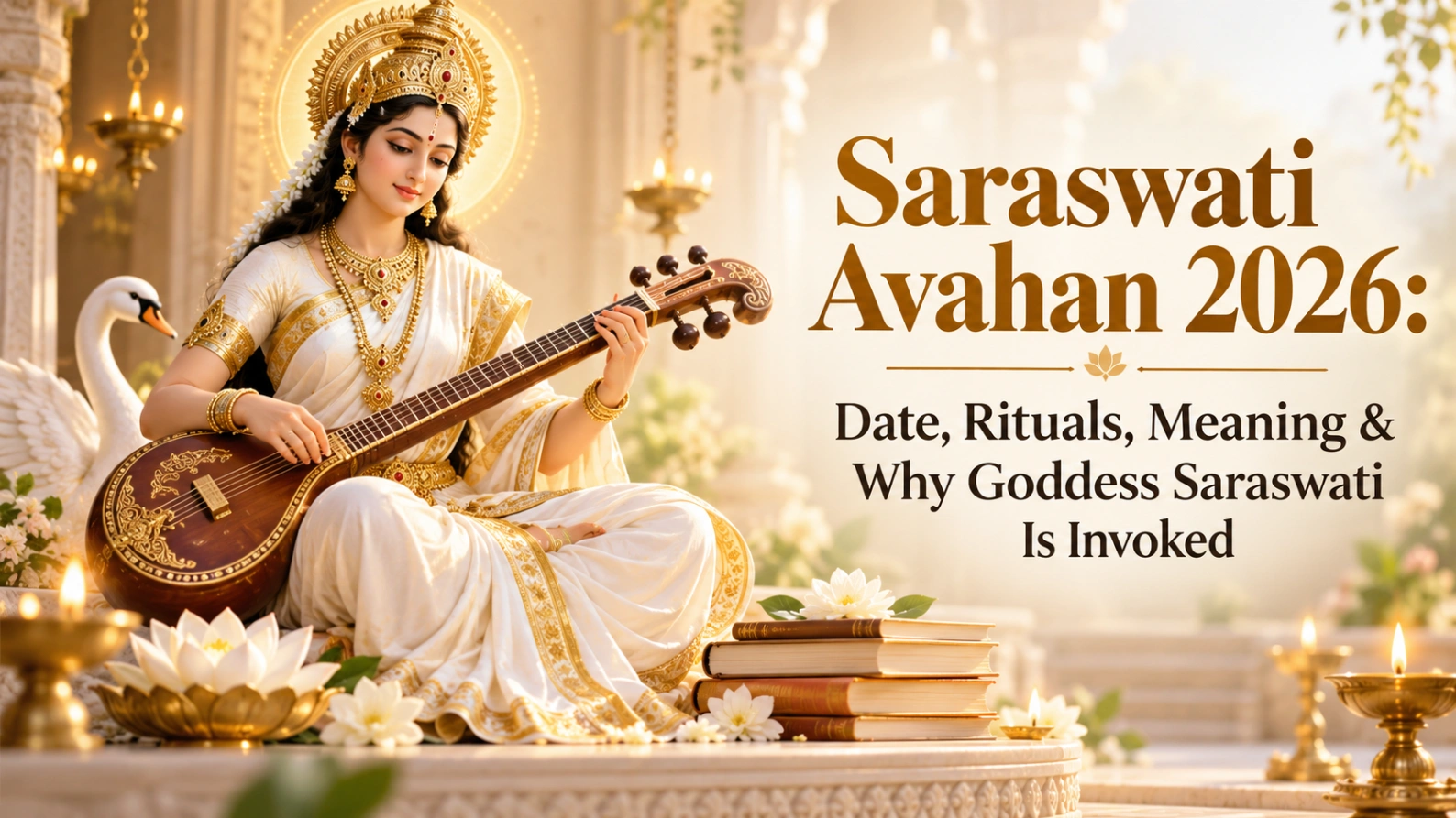 Goddess Saraswati holding a veena with books, lotus flowers and diyas, featuring the title “Saraswati Avahan 2026: Date, Rituals, Meaning & Why Goddess Saraswati Is Invoked.”