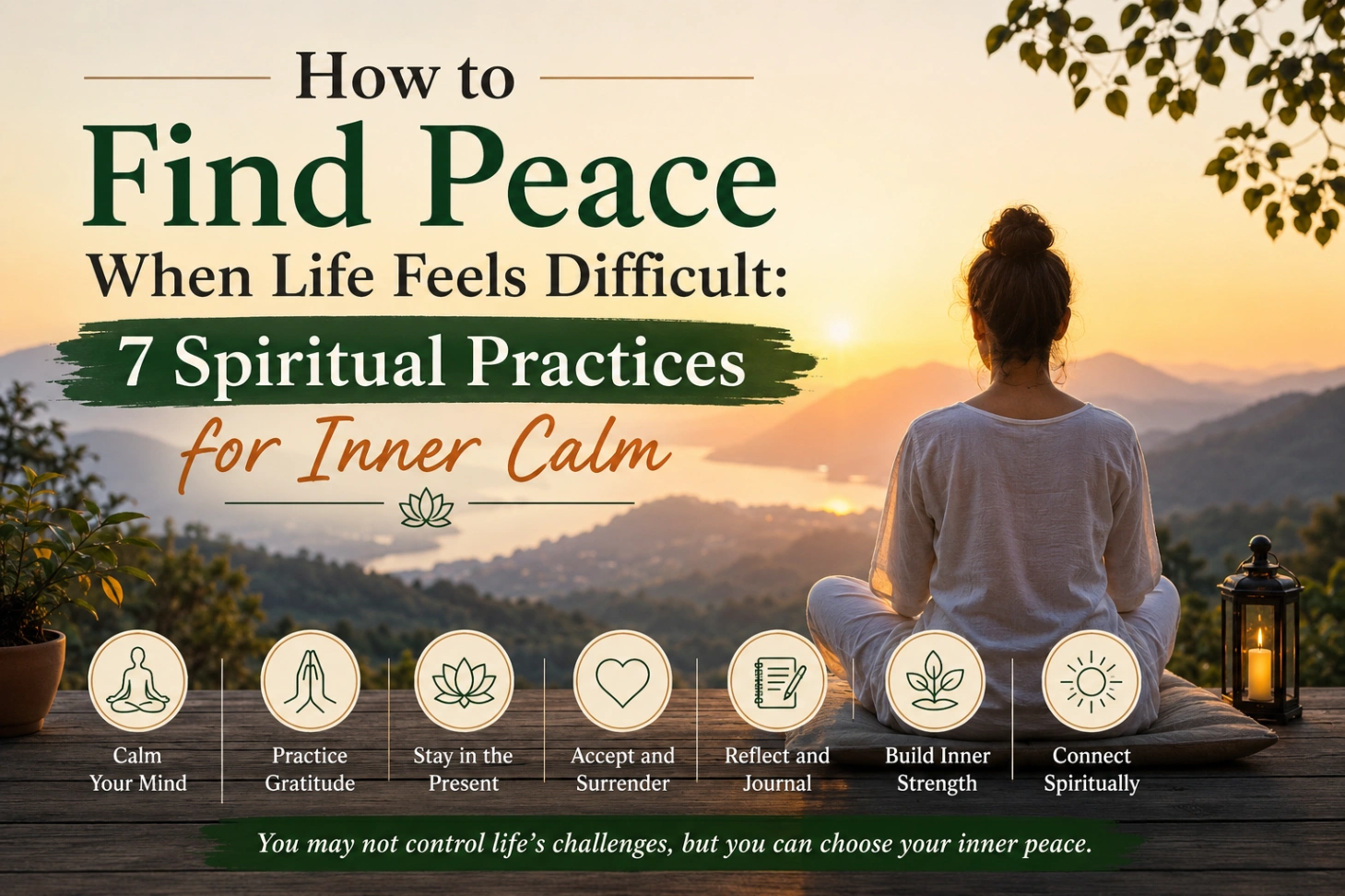 How to find peace when life feels difficult, person practicing meditation at sunrise in nature, symbolizing inner peace, emotional healing, mindfulness, spiritual growth, and peace of mind during challenging times.