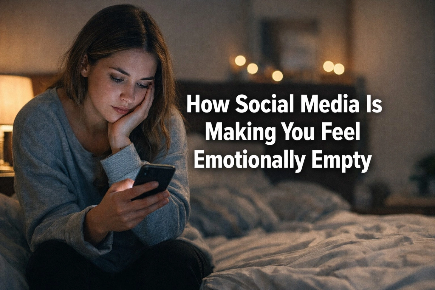 A realistic and minimal 16:9 blog banner showing a person lying in bed in a dark room, illuminated only by the glow of a smartphone screen, with a calm yet empty expression on their face. The background is simple and slightly blurred to emphasize isolation and emotional emptiness. Bold title text reads: “How Social Media Is Making You Feel Emotionally Empty”.