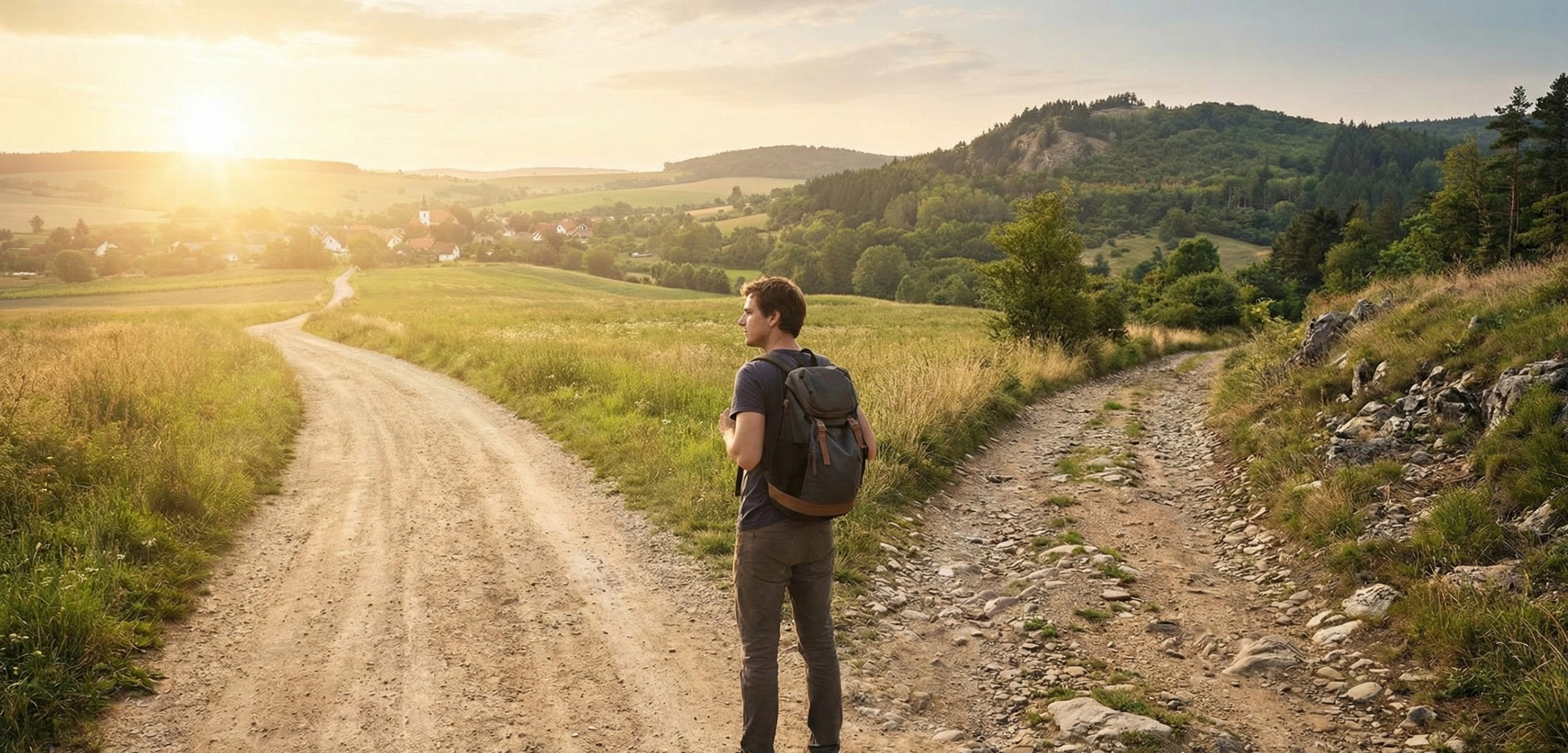 A photorealistic image of a person with a backpack standing at a fork in a rural dirt road at sunrise, symbolizing the choice between different paths in life, representing the interplay of Karma and Destiny.