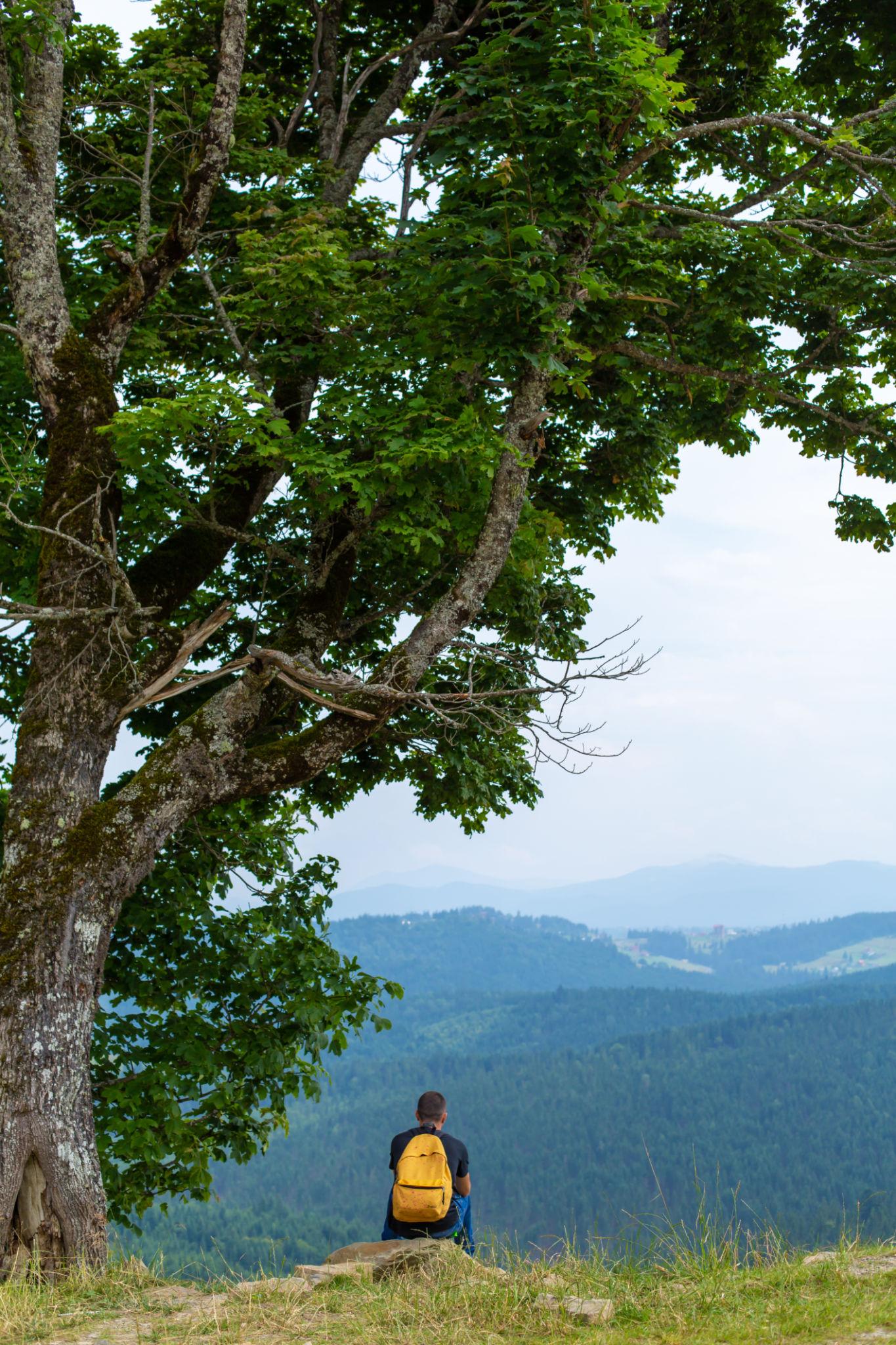 Alone guy sitting on cliff and enjoy peaceful green mountains landscape. Peace of mind and relax