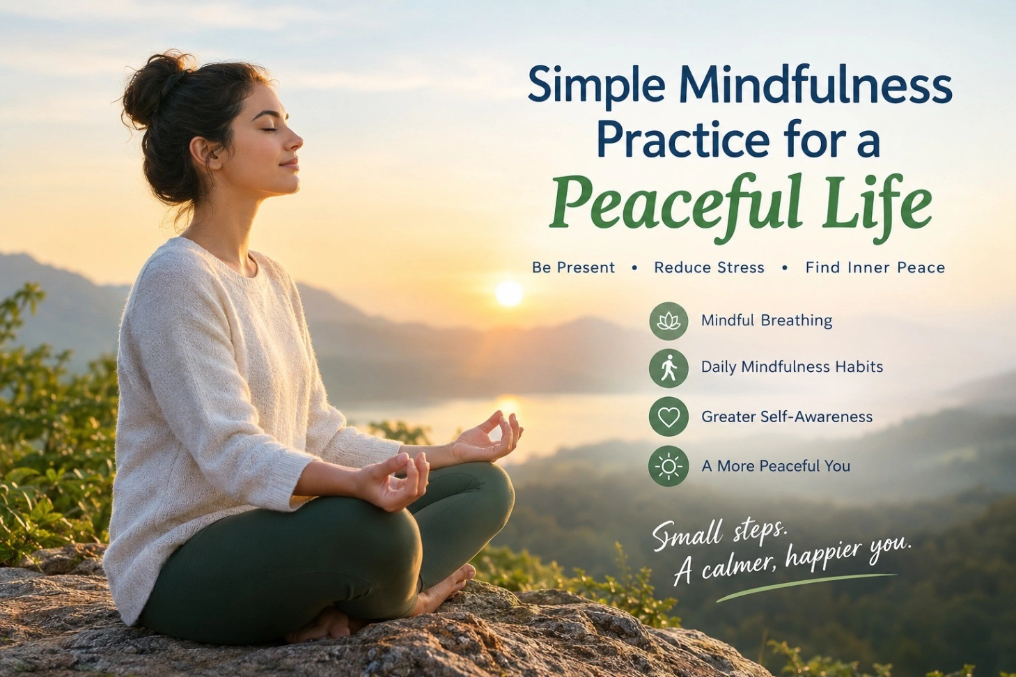 Woman practising mindfulness meditation at sunrise, illustrating simple mindfulness practices for a peaceful life, stress relief, and inner peace.