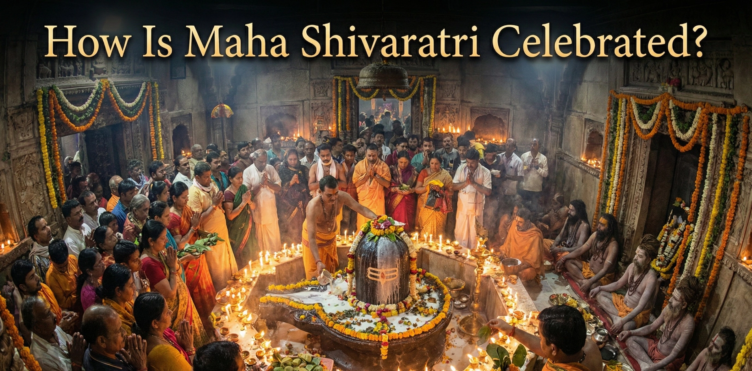 A realistic blog header image depicting a spiritual Maha Shivaratri celebration inside an ancient, lamp-lit temple. Devotees are gathered around a central Shiva Lingam adorned with flowers to offer prayers and perform rituals, with the title text