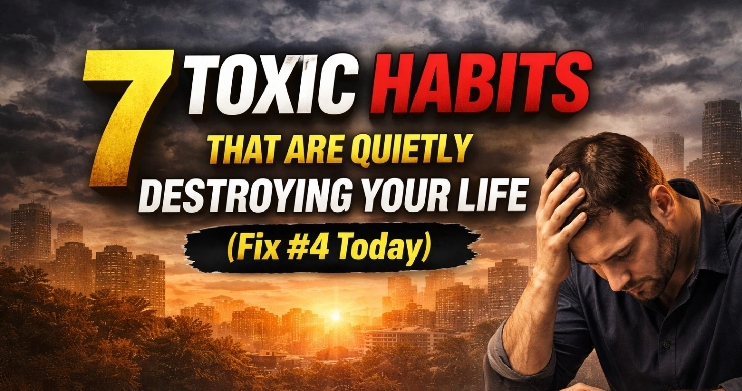 A bold 16:9 thumbnail showing a stressed man sitting at a table with his head in his hand, looking at his phone, against a realistic city background at sunset. Large text reads “7 Toxic Habits That Are Quietly Destroying Your Life (Fix #4 Today)”.